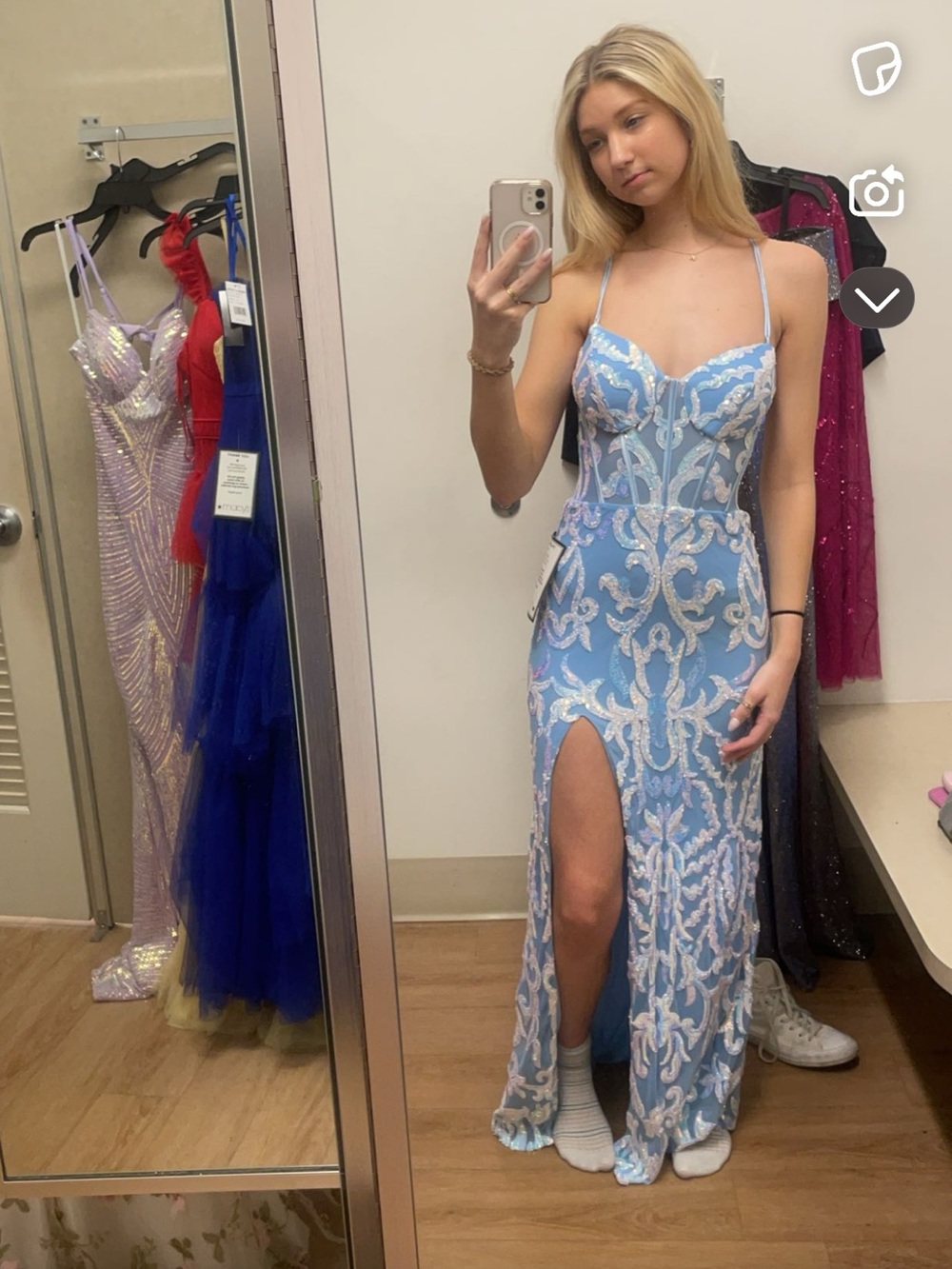 Light Blue Embellished Spaghetti-Strap Evening Dress